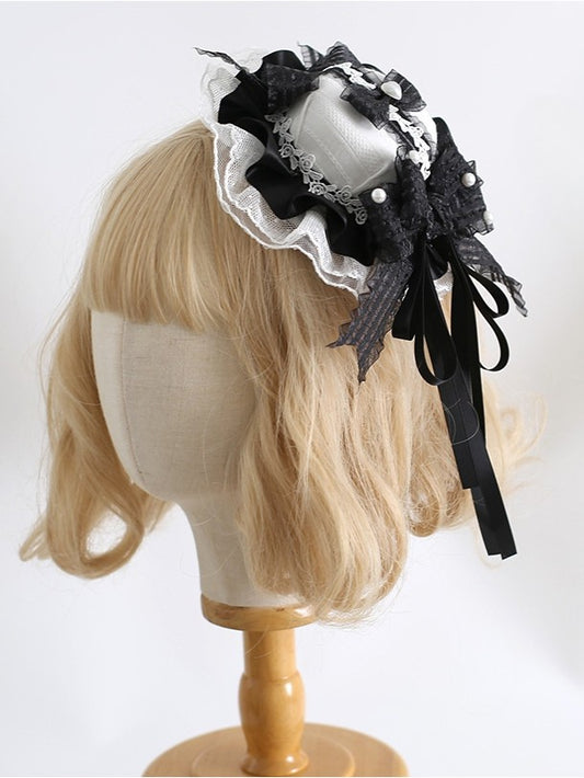 Beaded Lace Sweet Clips Details Bowknot Trim WhiteBlack Hat Mini Decorated With Lolita