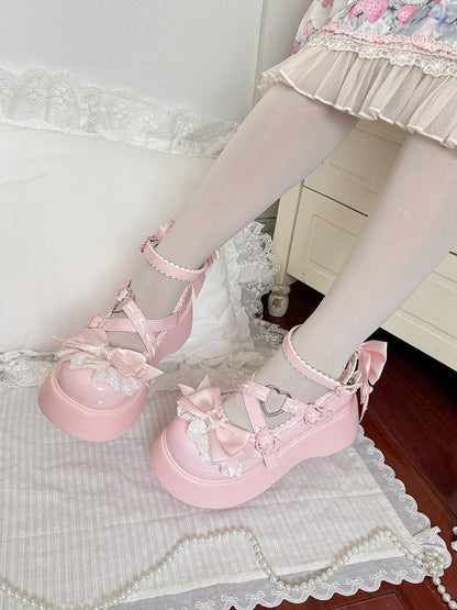 Sweet Lolita Pink Shoes Sweet Mary Jane Platform Shoes with Heart & Bowknot Details