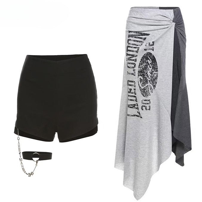 Shorts Saum Schwarz Schlitz Mit Buchstaben Asymmetrische Seite Rock Grau Druck Glamorous