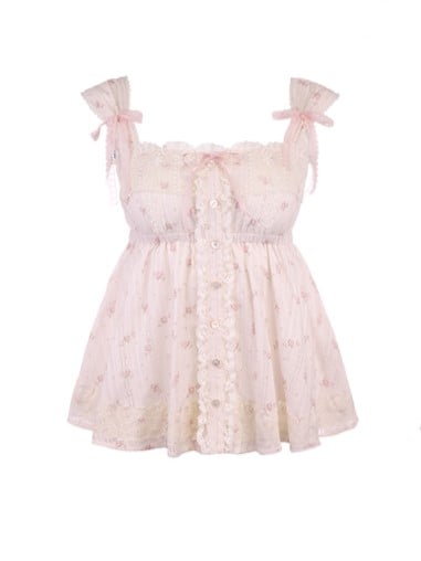 Cami Satin Top With Trim Floral Bows Lace Pink