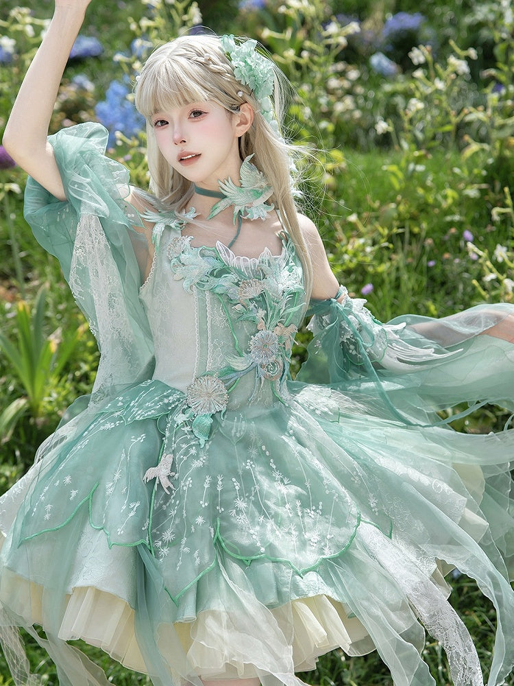 Green Chinoiserie Lolita Boning Corset JSK Dress with Bird & Floral Embroidery Patch - Misty Isle Letter