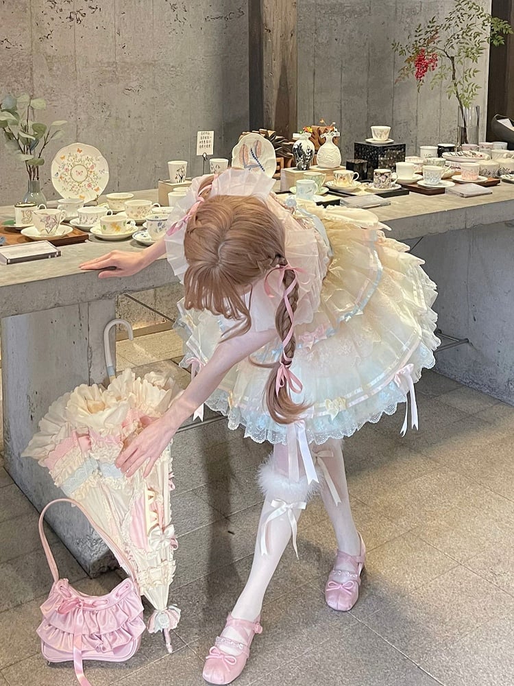 Kleid Akzente Korsett Stäbchen Riemen Regenbogen Lolita Rock Schleife Dünne Pullover Schulter Pastell