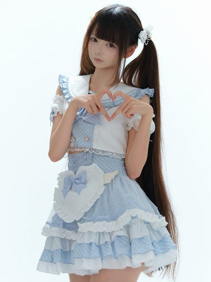 Sky Blue Tiered Ruffle Skirt with Heart Apron - Puppet Bombs