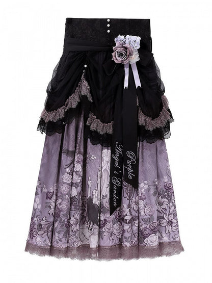 + with Lace Top Ruffled Classic Set Lolita Print Elegant Black Purple Floral Trim Skirt