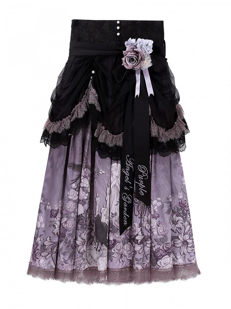 Black Floral with Lace Skirt Purple Lolita Elegant Trim Classic Print