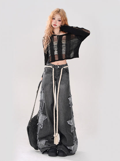 Crop Top Detailing Black Neckline - Asymmetrical Knit Intricate Distressed