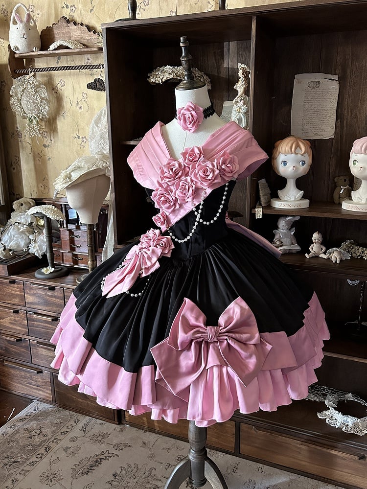 Pink Black Roses Off-Shoulder Boned Lolita Set - Treasure Box Factory