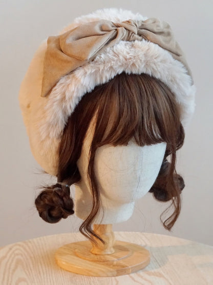 Khaki Plush Hat Bowknot Winter
