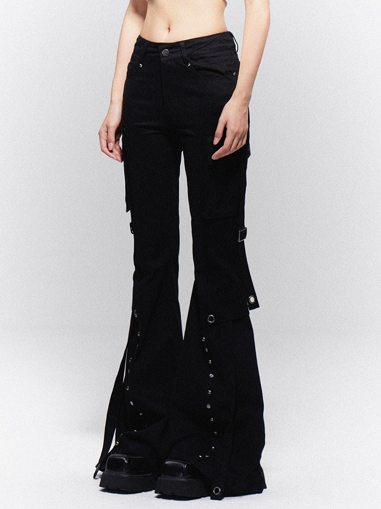 Vintage Straps on Pants Black Dangling Cargo Flap with Flared