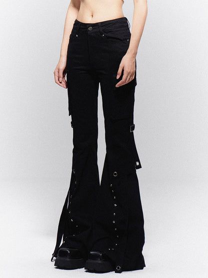 Vintage Straps on Pants Black Dangling Cargo Flap with Flared
