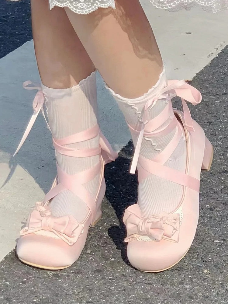Satin Light Pink Sweet Lolita Round-Toe Low-heel Shoes - Detachable Ankle Strap with Heart Snap & Scalloped Edge