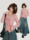 Printed Long Sleeve Hooded Top with Asymmetrical Hemline - Girlyhalo