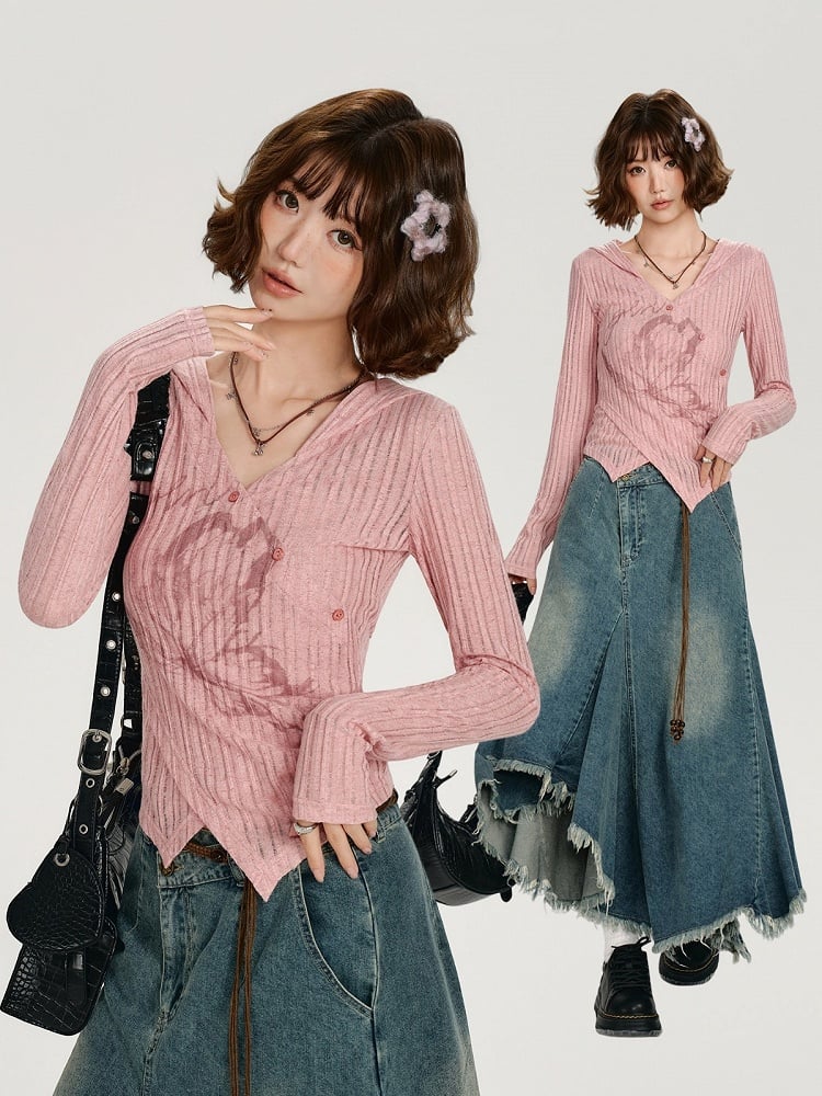 Printed Long Sleeve Hooded Top with Asymmetrical Hemline - Girlyhalo