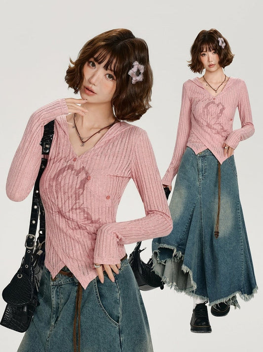 Printed Long Sleeve Hooded Top with Asymmetrical Hemline - Girlyhalo