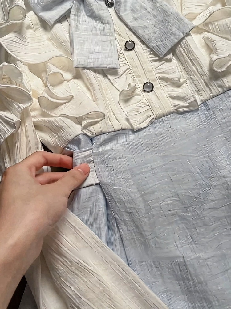 Blue-White Cutout Shoulder Bow Ruffle Long Sleeve Seiso Dress - LA LA JK