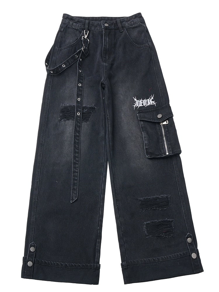 Strap Jeans Cuffs with Straight-Leg Black Rolled and Fixed Buckle