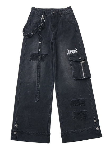 Strap Jeans Cuffs with Straight-Leg Black Rolled and Fixed Buckle
