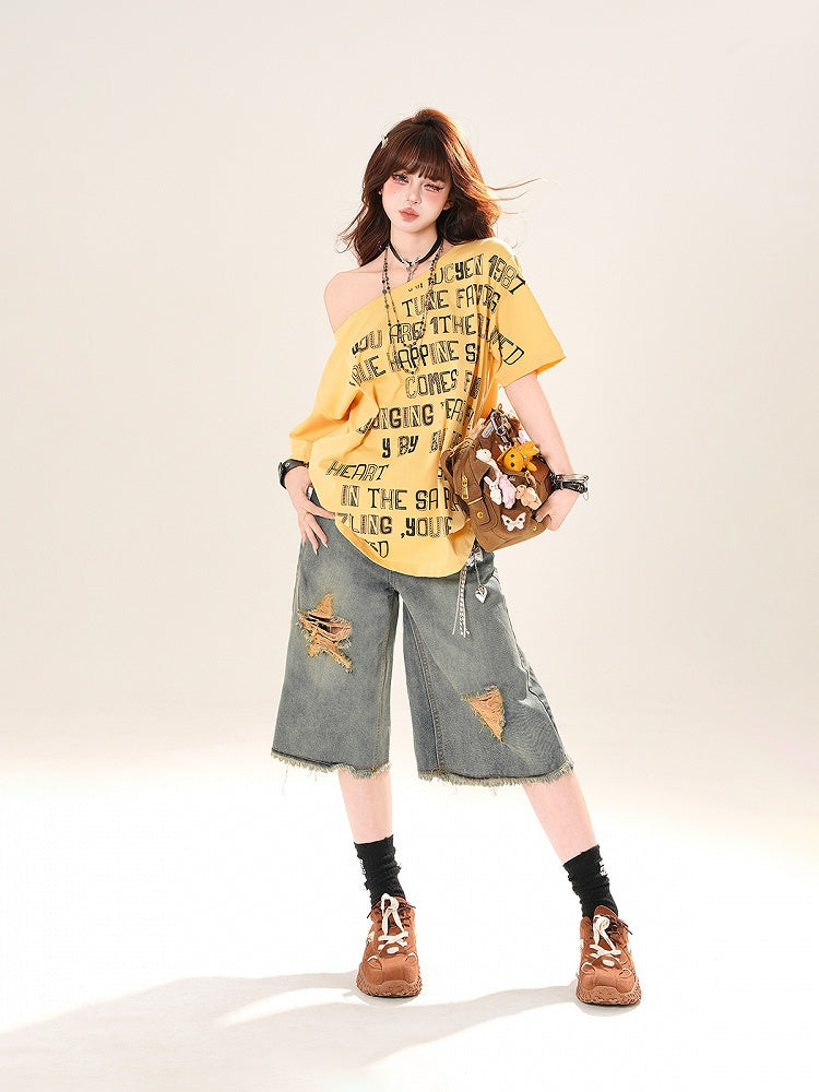 アシンメトリーネックライン レタープリント ルーズTシャツ イエロー/ホワイト/ブラック