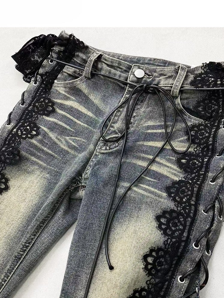 Trim Jeans Lace Blue Bittersweet Detail Flare Glamorous Side Silhouette Lace-up