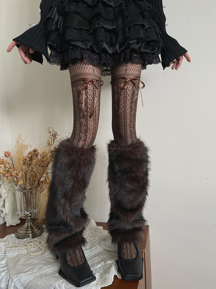 Tights with Brown Lace Bowknot Cutout Decoration