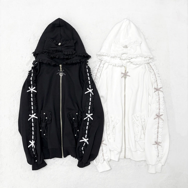Perforated Jirai Kei Black/White Hoodie Bead-Embellished Bow Jacket: Pockets Sleeve with