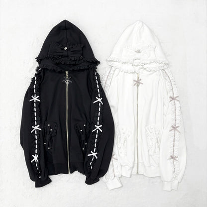 Perforated Jirai Kei Black/White Hoodie Bead-Embellished Bow Jacket: Pockets Sleeve with