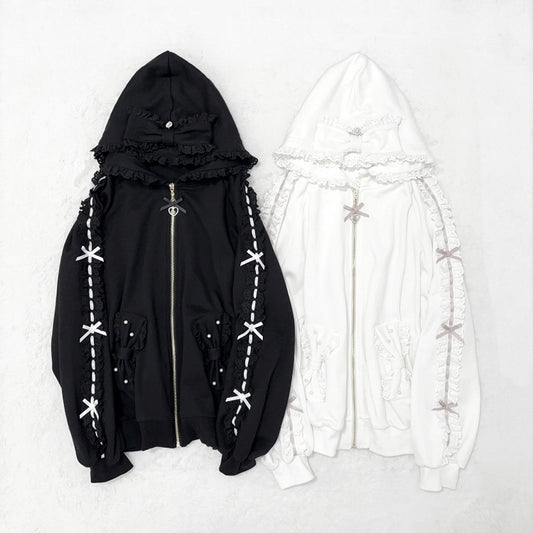 Perforated Jirai Kei Black/White Hoodie Bead-Embellished Bow Jacket: Pockets Sleeve with