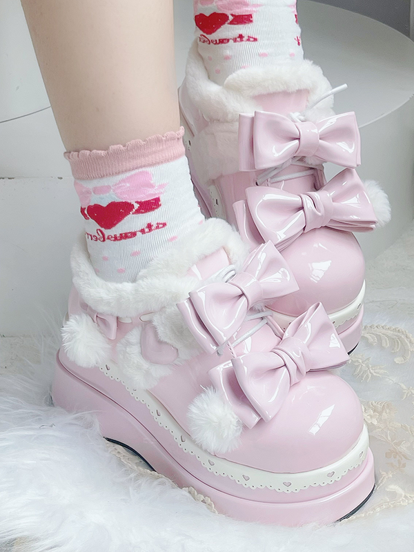 Lolita Pink Cute Heart Bow Platform Shoes with Pompons