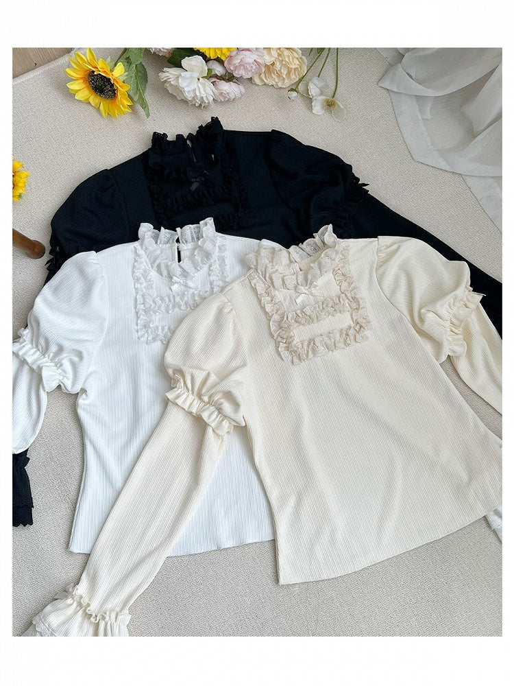 Beige Puff Sleeve Lolita Knit Top with Lace Trim Detail - With PUJI