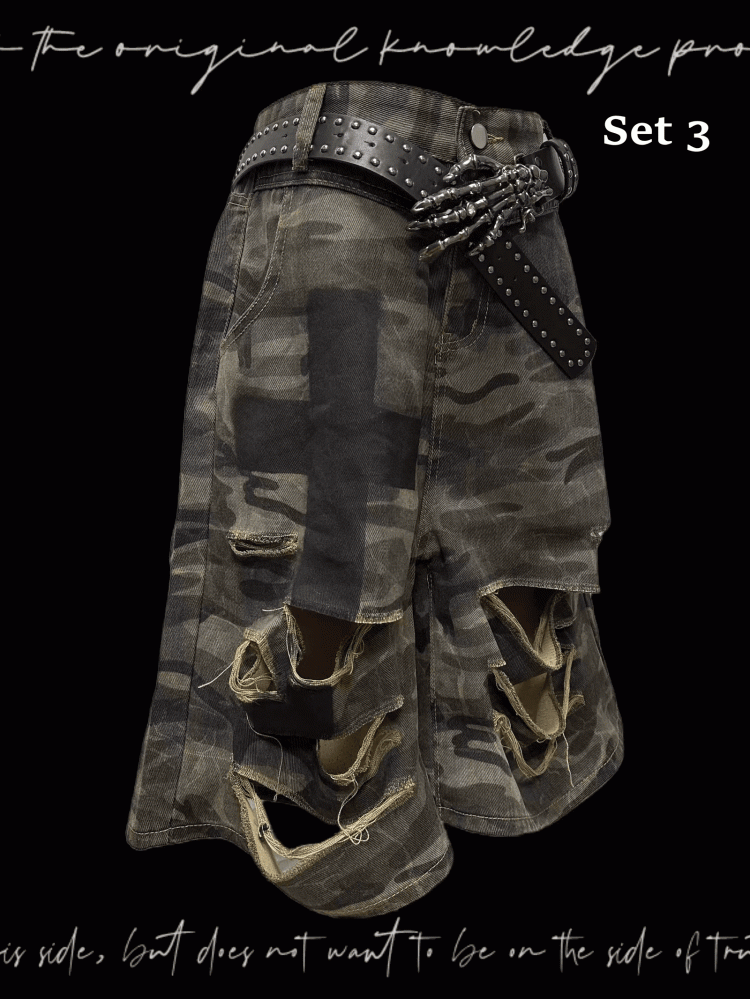 Punk Camouflage Distressed Holes Wasteland Wide-Leg Shorts