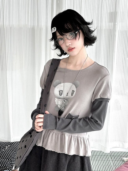 Two-piece Top Daily Thumbhole Gray Print Cuffs Long Sleeve with Bear Kawaii