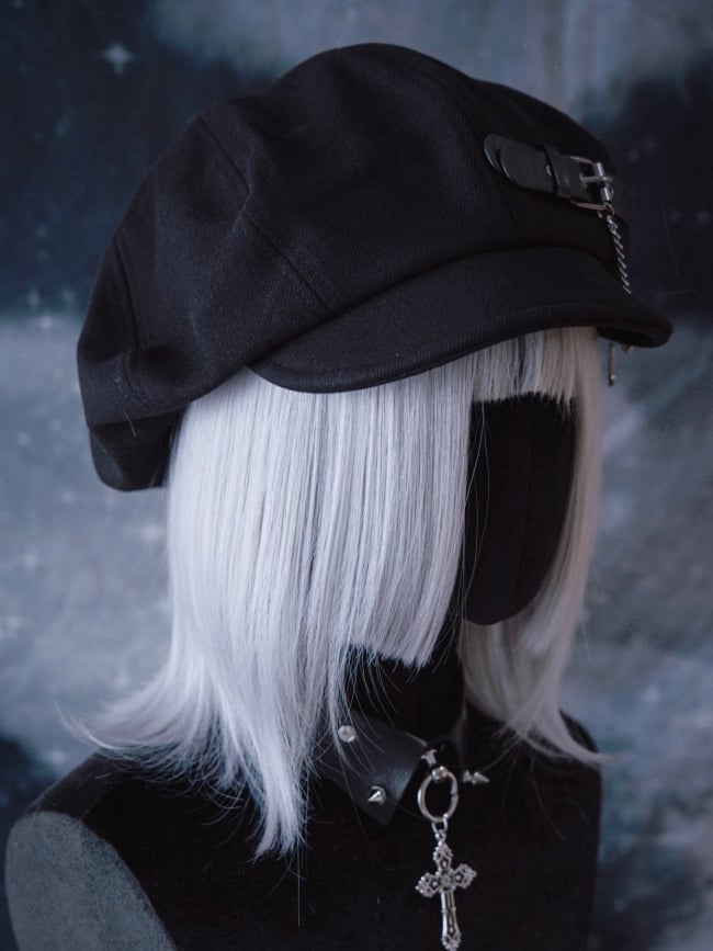 Gothic Beret Chain Buckle with Black Handmade PU Cross