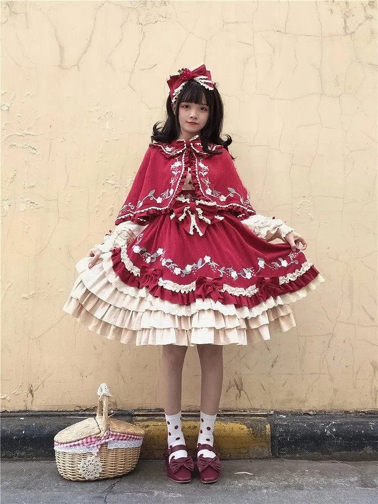 and Wine Lolita Red Overall Tiered Flutter Hem Sweet with Sleeves Skirt