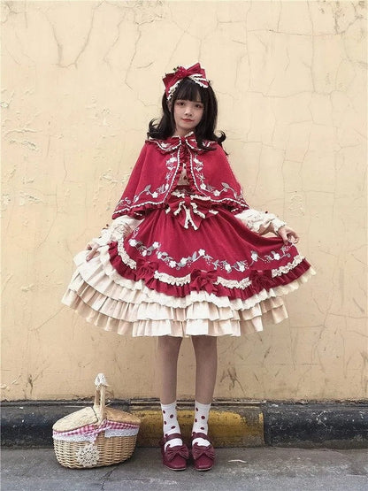 and Wine Lolita Red Overall Tiered Flutter Hem Sweet with Sleeves Skirt