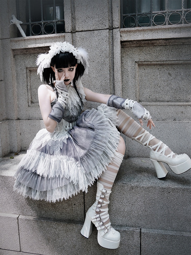 Dress Skirt Panel Buckle Gray Feather Shoulder Lolita Lace Gothic Straps