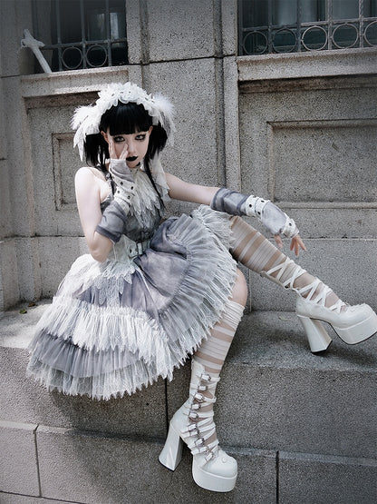 Dress Skirt Panel Buckle Gray Feather Shoulder Lolita Lace Gothic Straps