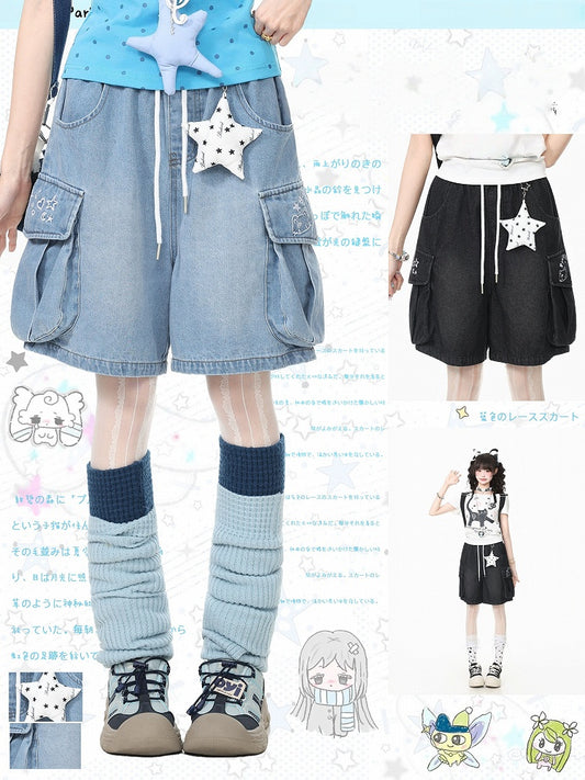 Blue Wide Leg Denim Shorts with Star Charm - Languid Park