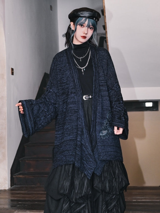 Design Navy Collar Cheongsam Goth Cardigan Self-tie Goldfish Embroidery - Crossover Strap