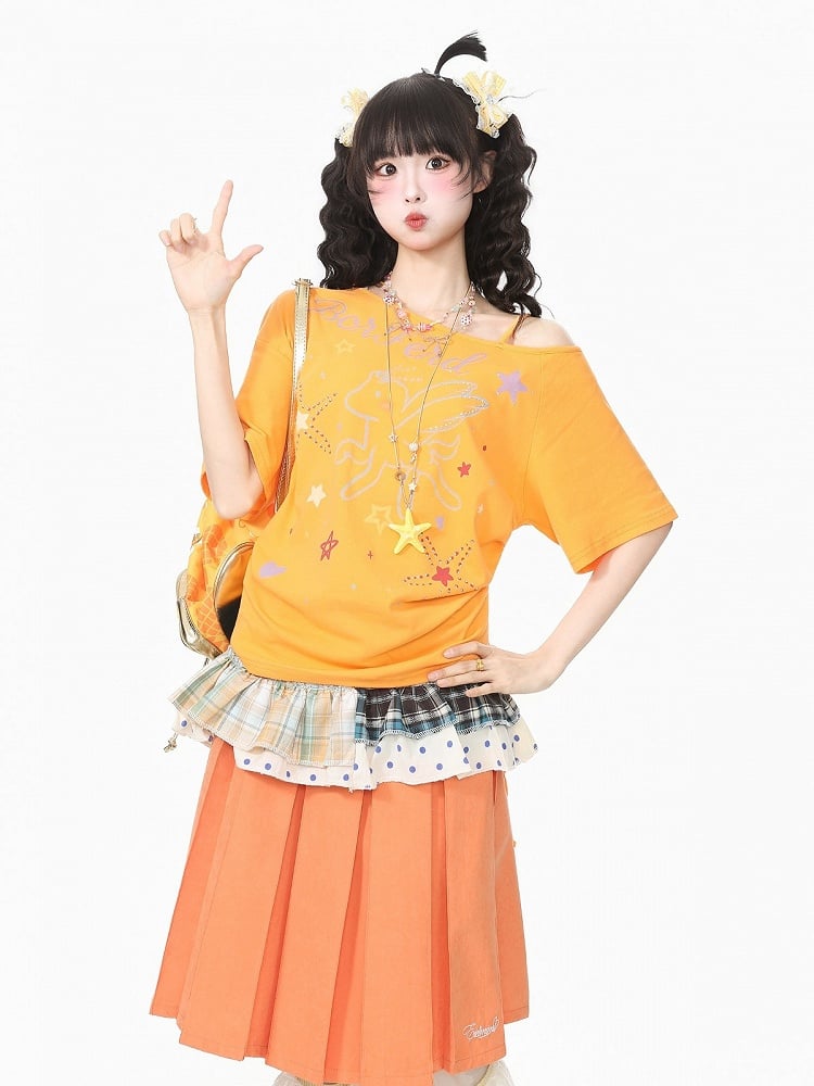 Orange Pegasus Print Asymmetric Shoulder T-Shirt with Rhinestone Details - Languid Park