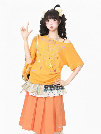 Orange Pegasus Print Asymmetric Shoulder T-Shirt with Rhinestone Details - Languid Park