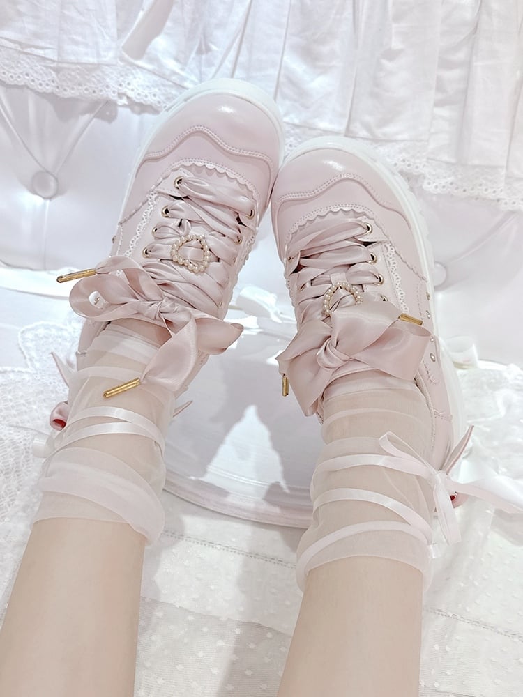 Lace-Up in Jirai Design Kei - Bow Platform Heart Details Shoes with Pink Style Rhinestone Beaded