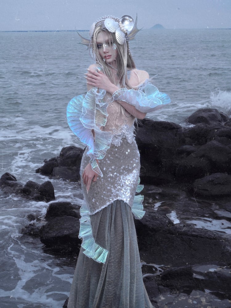 スパンコールマーメイドフェアリーボディコンドレスゴスシャイニングビーズバケーションホルターネック