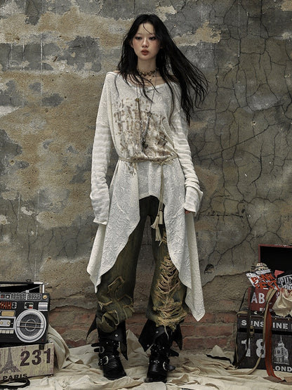 ブラックホワイトゴシックパンクレターズアシンメトリートップス