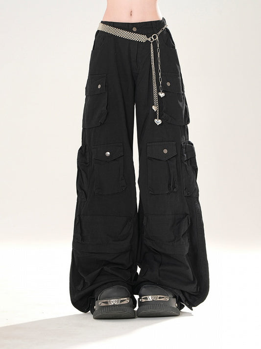 Waist Cargo Pockets Loose Black Low Wide-leg Pants