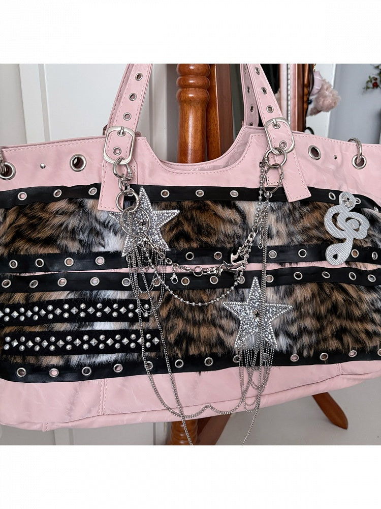 Pink Plush Y2K Tote with Star & Music Notes - Black Cherry Sauce