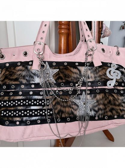 Pink Plush Y2K Tote with Star & Music Notes - Black Cherry Sauce