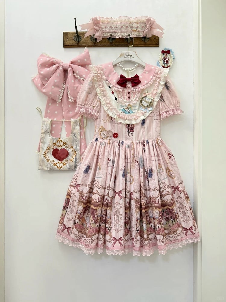 Rose Alice in Wonderland Theme Print Polka-dot Collar Sweet Gown - Forest Fairy Tales