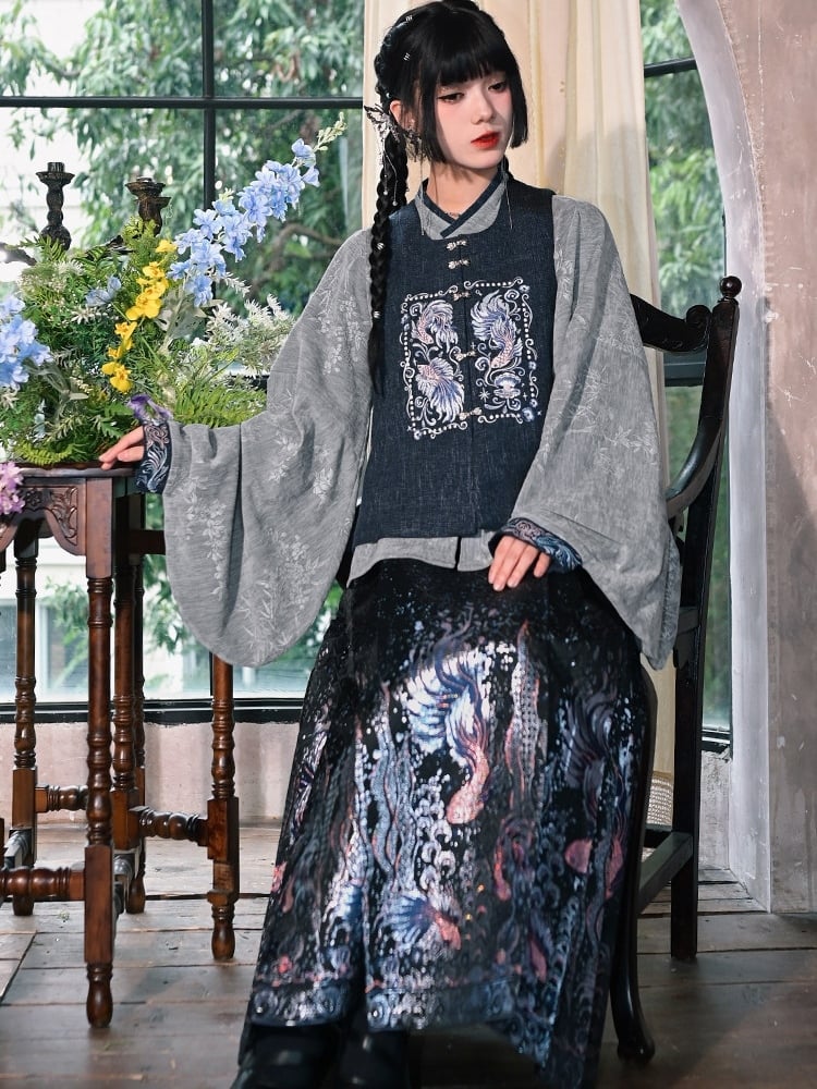 Gray - Blouse Style on Pipa Chinese Mandarin Sleeve with Cuffs Embroidery Collar Goldfish