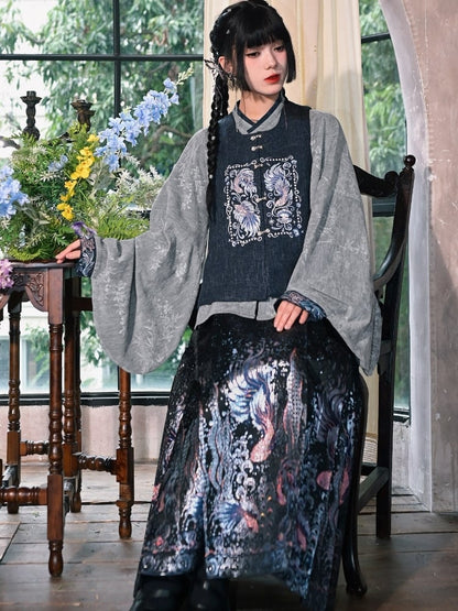 Gray - Blouse Style on Pipa Chinese Mandarin Sleeve with Cuffs Embroidery Collar Goldfish