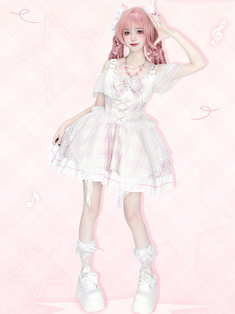 with Off-the-shoulder Pink Skirt Neckline Sweet Bowtie Lolita Jumper Free Idol Plaid